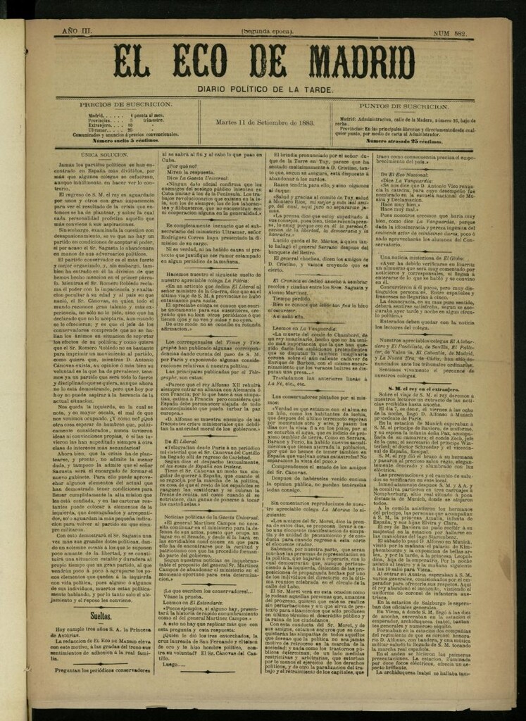 Miniatura de El Eco de Madrid : diario político de la tarde del 11 de septiembre de 1883, nº 582