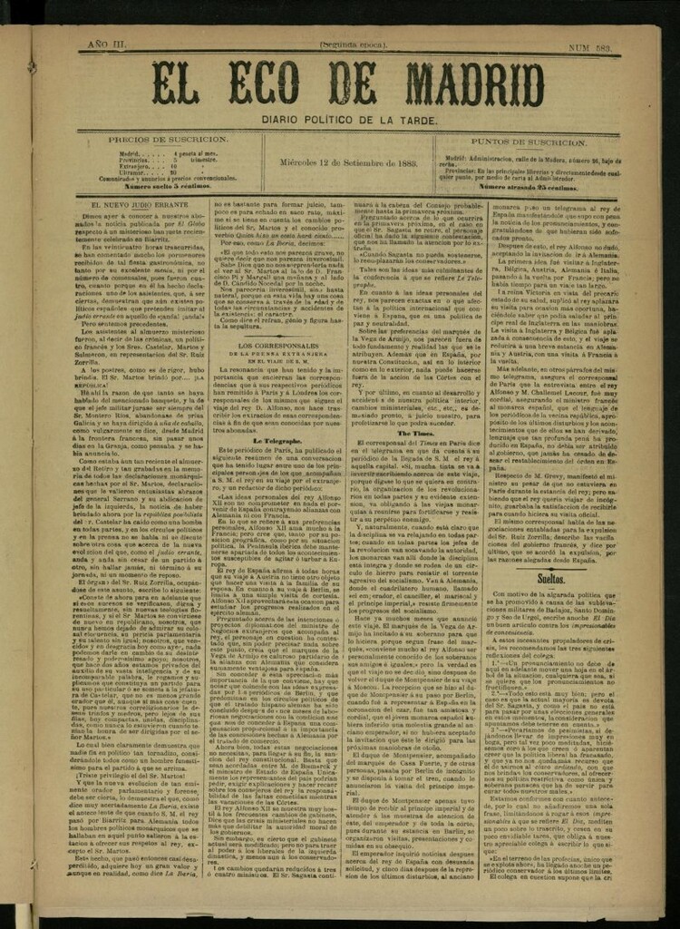 Miniatura de El Eco de Madrid : diario político de la tarde del 12 de septiembre de 1883,nº 583