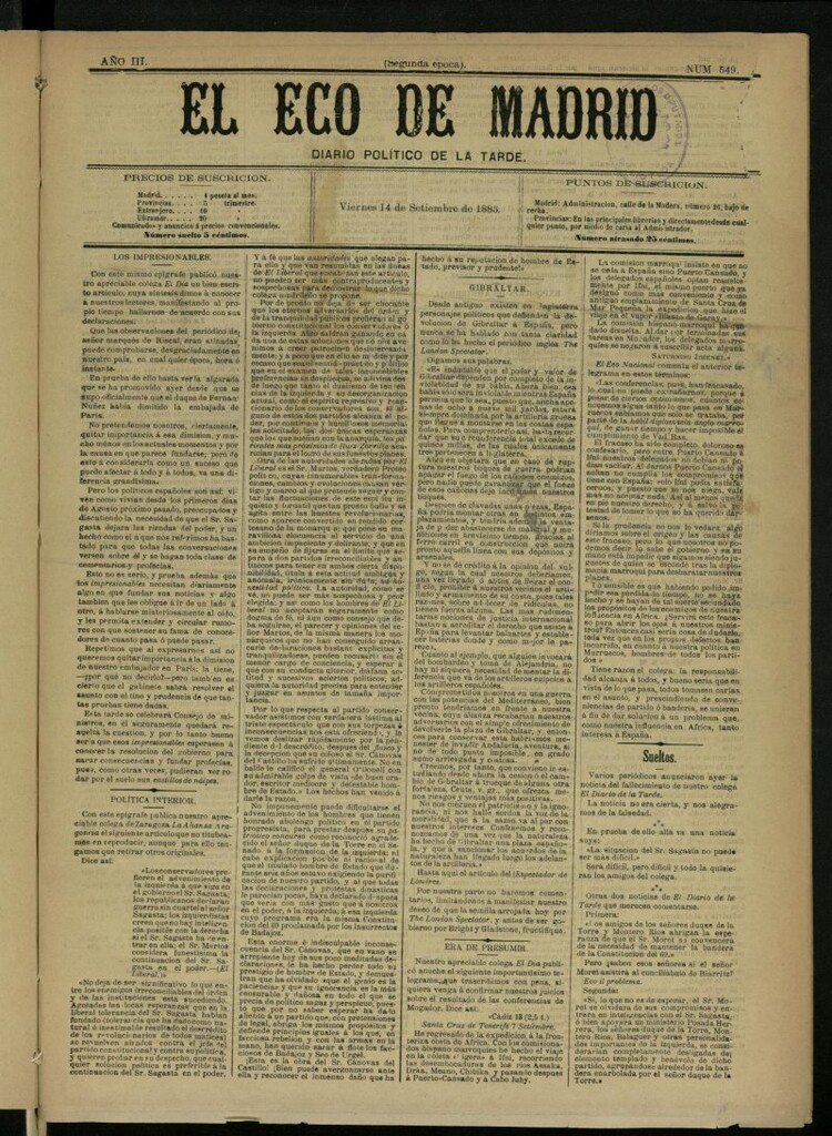 Miniatura de El Eco de Madrid : diario político de la tarde del 14 de septiembre de 1883, nº 549 [sic]