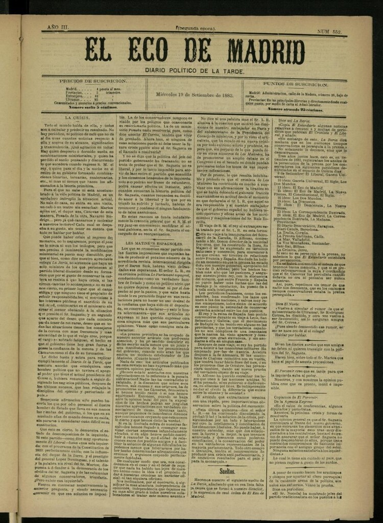 Miniatura de El Eco de Madrid : diario político de la tarde del 19 de septiembre de 1883, nº 552