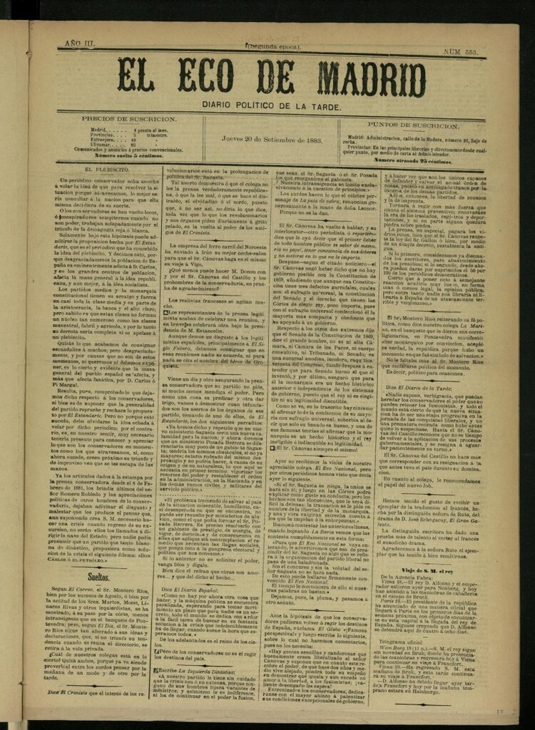 Miniatura de El Eco de Madrid : diario político de la tarde del 20 de septiembre de 1883, nº 551