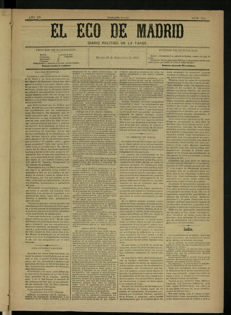 Miniatura de El Eco de Madrid : diario político de la tarde del 23 de septiembre de 1883, nº 556 [sic]