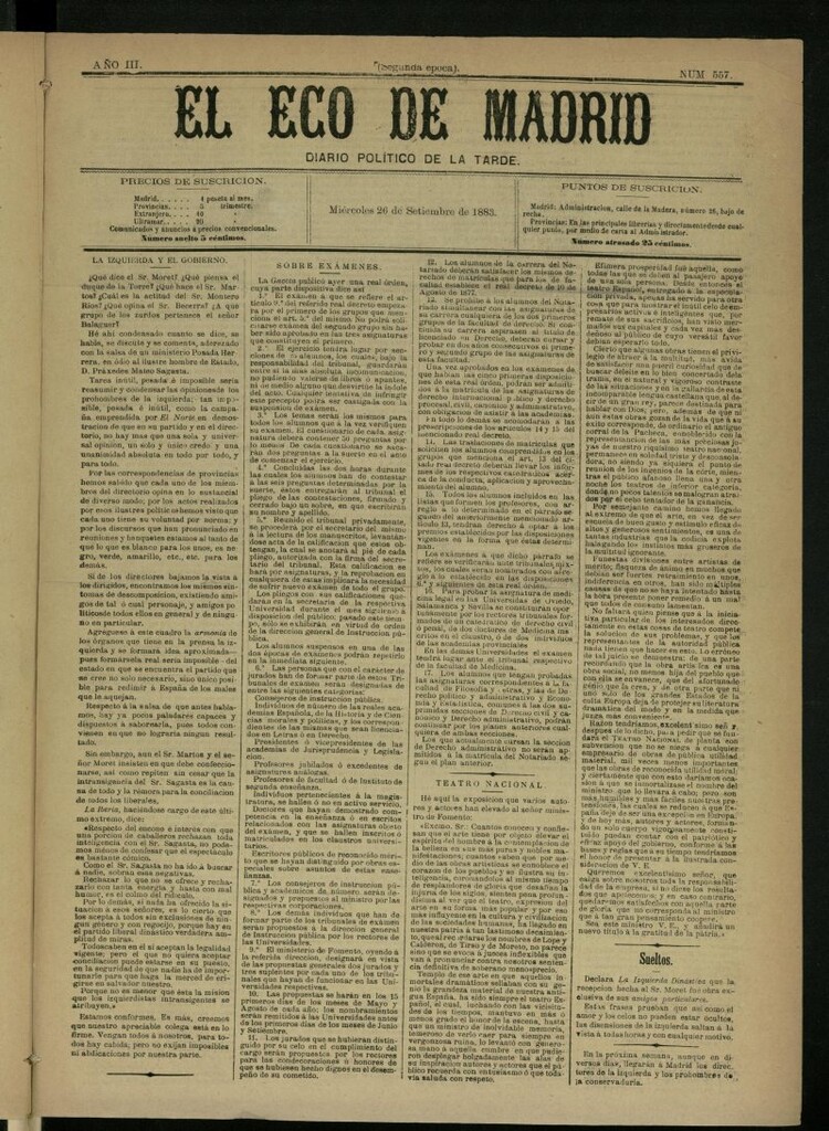 Miniatura de El Eco de Madrid : diario político de la tarde del 26 de septiembre de 1883, nº 557 [sic]
