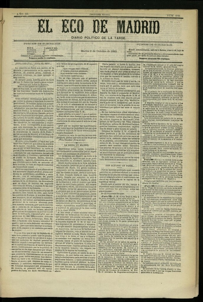 Miniatura de El Eco de Madrid : diario político de la tarde del 2 de octubre de 1883, nº 560