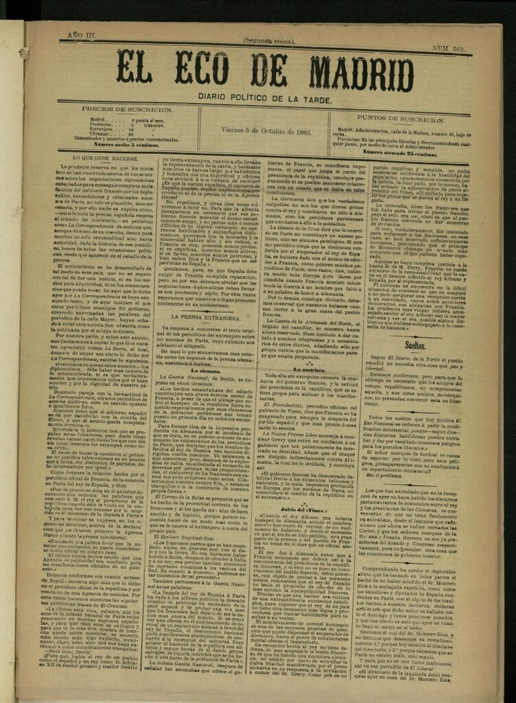 Miniatura de El Eco de Madrid : diario político de la tarde del 5 de octubre de 1883, nº 563