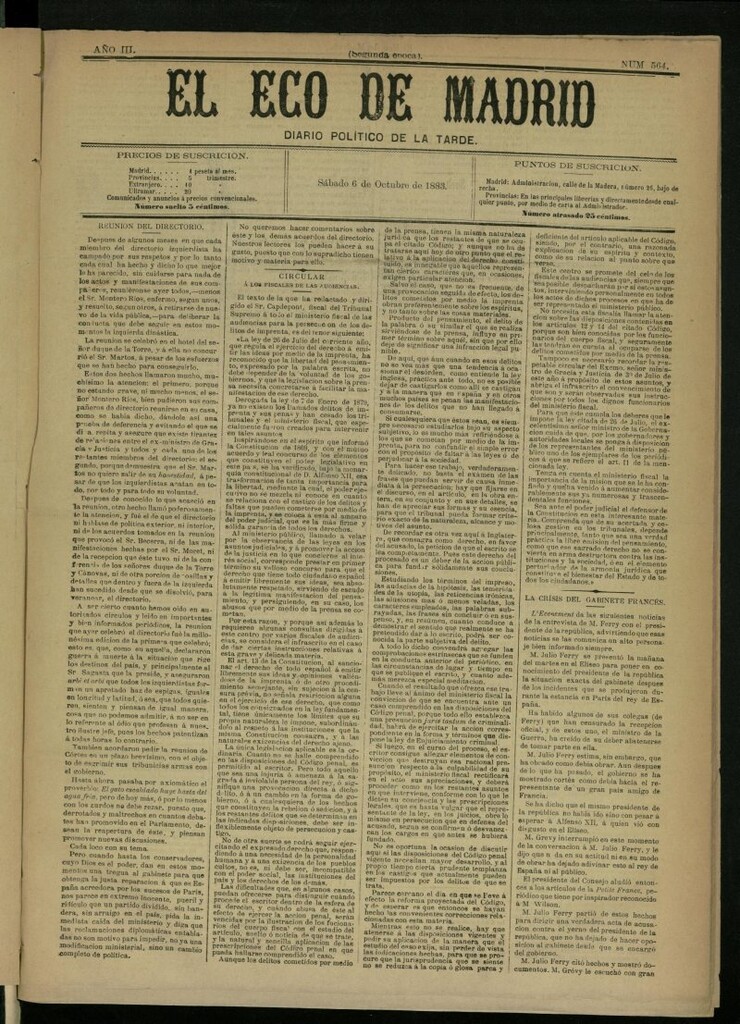 Miniatura de El Eco de Madrid : diario político de la tarde del 6 de octubre de 1883, nº 564