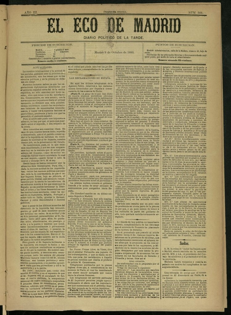 Miniatura de El Eco de Madrid : diario político de la tarde del 9 de octubre de 1883, nº 565 [sic]