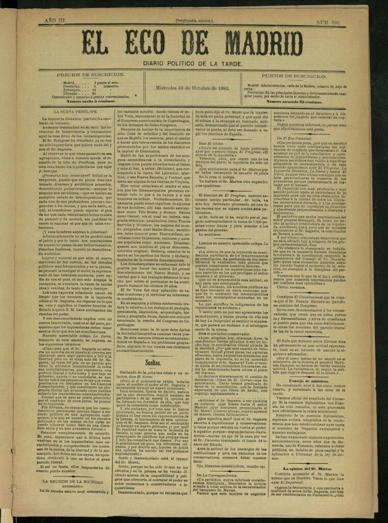 Miniatura de El Eco de Madrid : diario político de la tarde del 10 de octubre de 1883, nº 566 [sic]