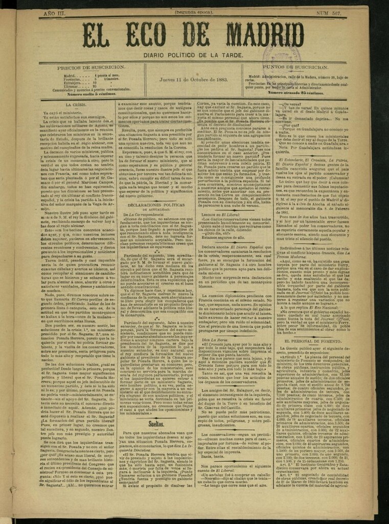 Miniatura de El Eco de Madrid : diario político de la tarde del 11 de octubre de 1883, nº 567
