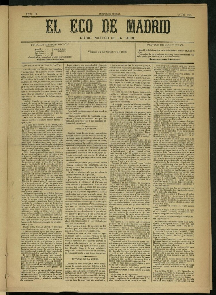 Miniatura de El Eco de Madrid : diario político de la tarde del 12 de octubre de 1883, nº 566