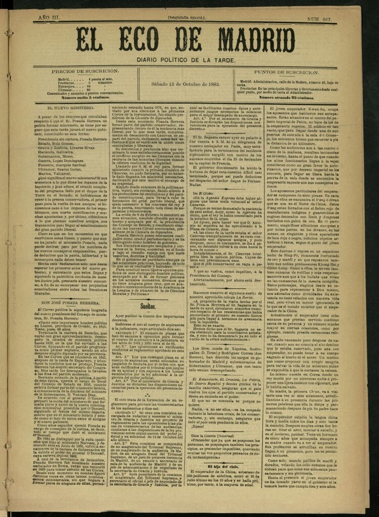Miniatura de El Eco de Madrid : diario político de la tarde del 13 de octubre de 1883, nº 567