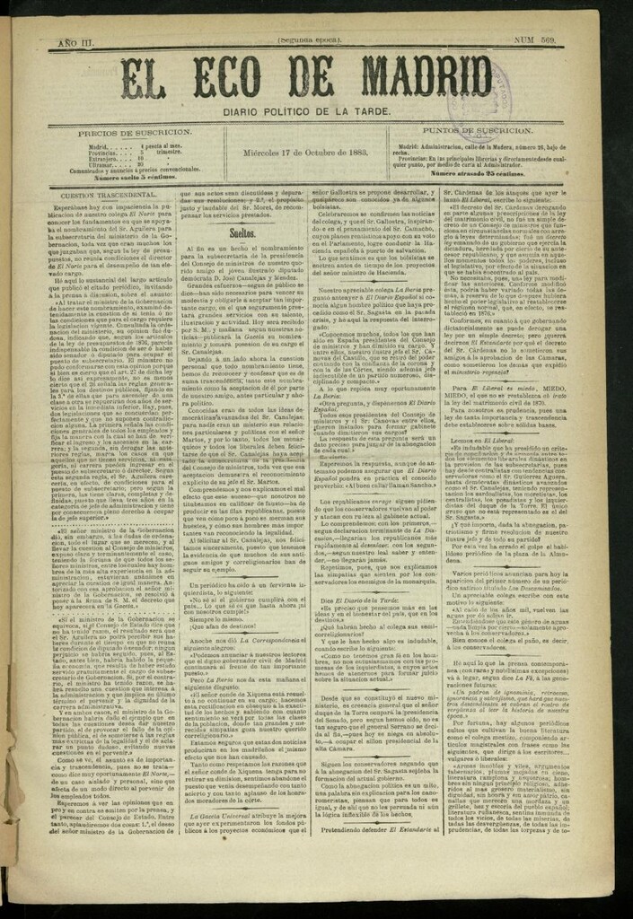Miniatura de El Eco de Madrid : diario político de la tarde del 17 de octubre de 1883, nº 569