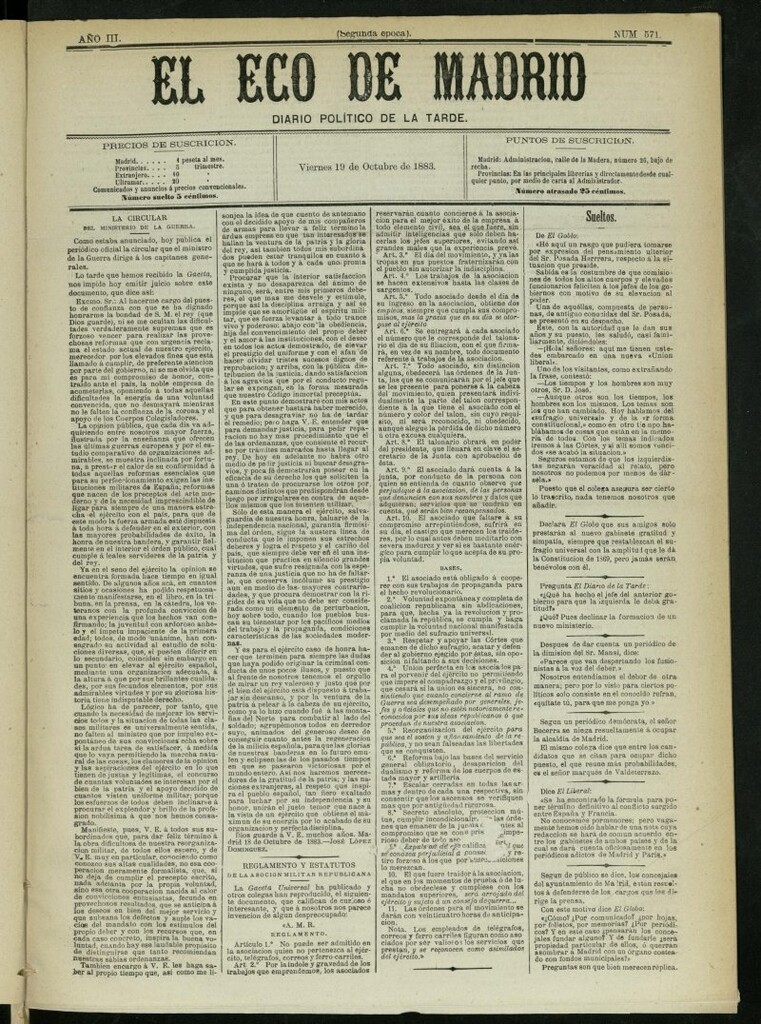 Miniatura de El Eco de Madrid : diario político de la tarde del 19 de octubre de 1883, nº 571