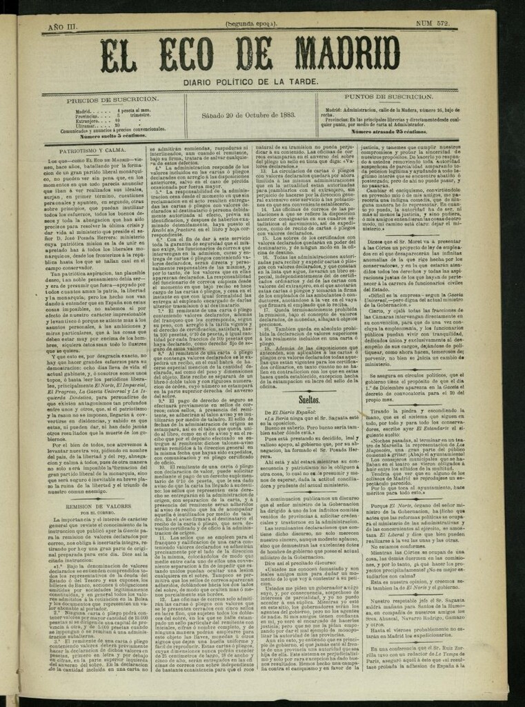 Miniatura de El Eco de Madrid : diario político de la tarde del 20 de octubre de 1883, nº 572