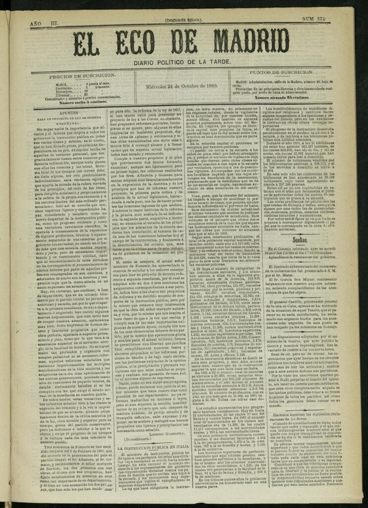 Miniatura de El Eco de Madrid : diario político de la tarde del 24 de octubre de 1883, nº 574