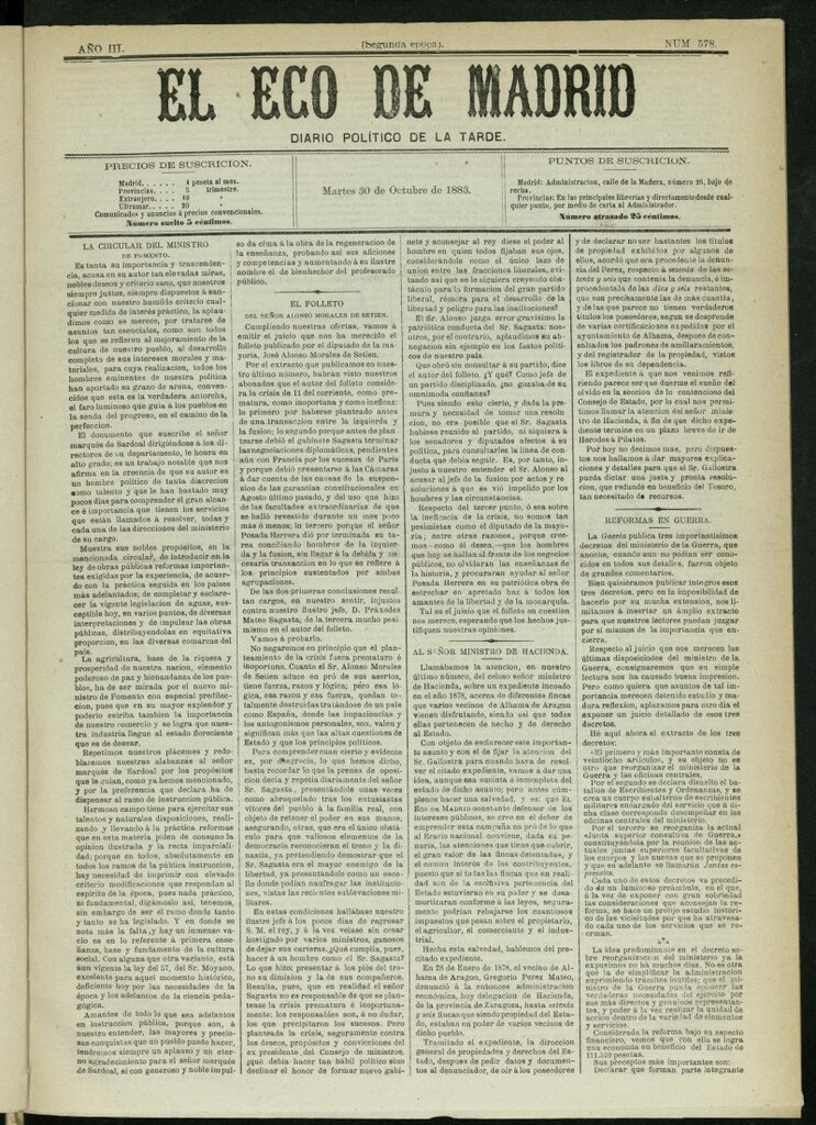 Miniatura de El Eco de Madrid : diario político de la tarde del 30 de octubre de 1883, nº 578