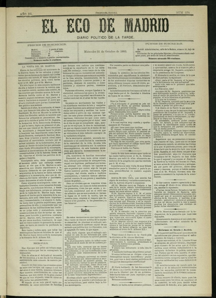 Miniatura de El Eco de Madrid : diario político de la tarde del 31 de octubre de 1883, nº 579
