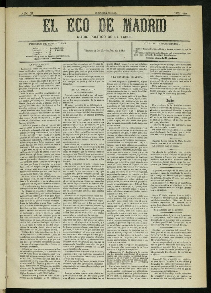 Miniatura de El Eco de Madrid : diario político de la tarde del 2 de noviembre de 1883, nº 580