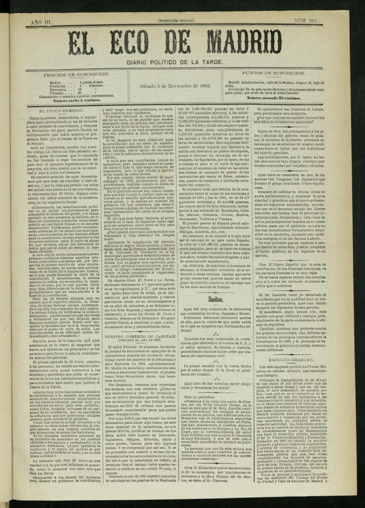 Miniatura de El Eco de Madrid : diario político de la tarde del 3 de noviembre de 1883, nº 581