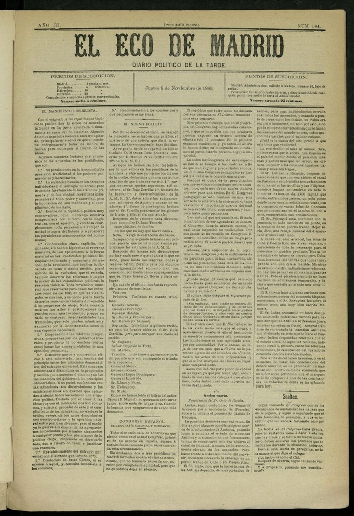 Miniatura de El Eco de Madrid : diario político de la tarde del 8 de noviembre de 1883, nº 584