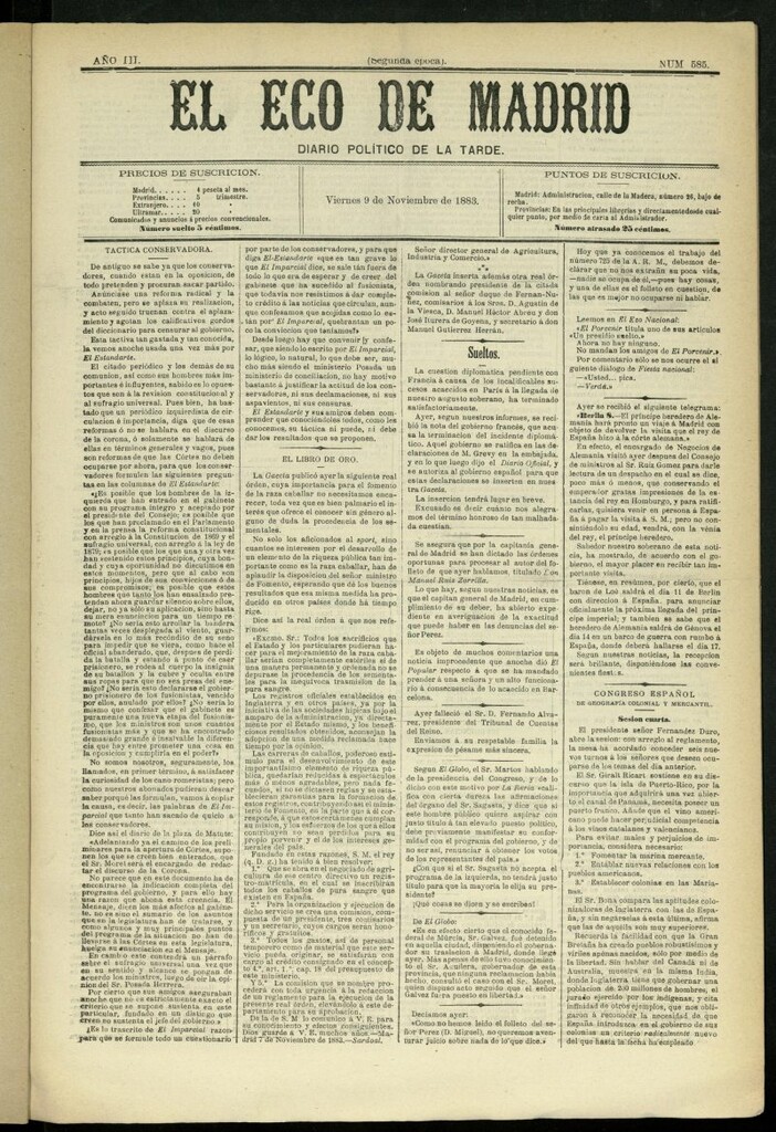 Miniatura de El Eco de Madrid : diario político de la tarde del 9 de noviembre de 1883, nº 585