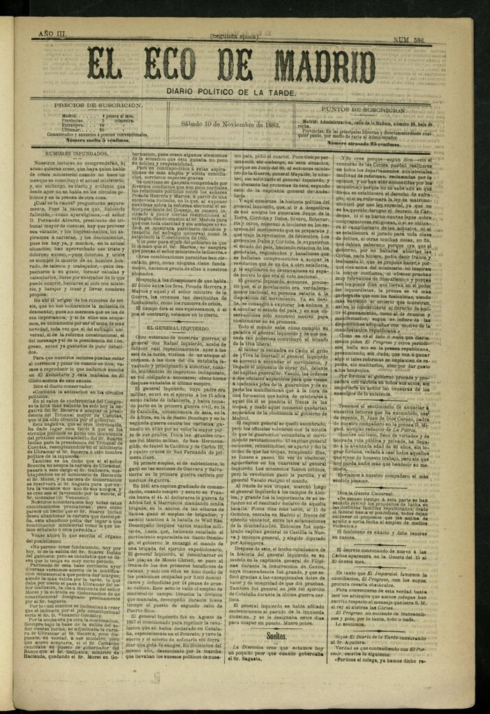 Miniatura de El Eco de Madrid : diario político de la tarde del 10 de noviembre de 1883, nº 586
