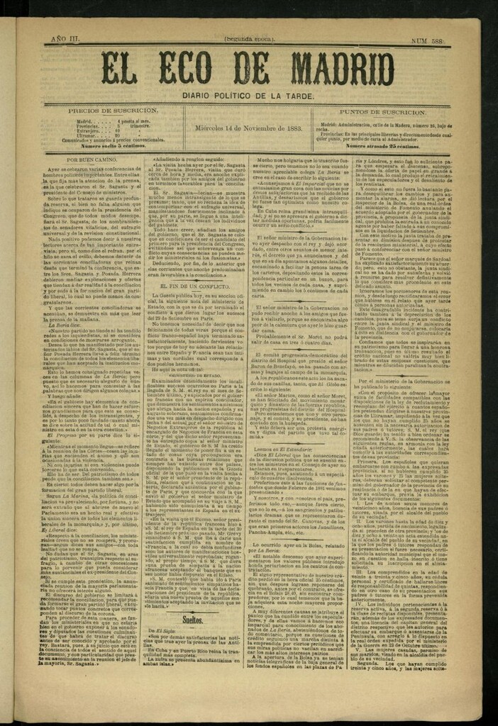 Miniatura de El Eco de Madrid : diario político de la tarde del 14 de noviembre de 1883, nº 588