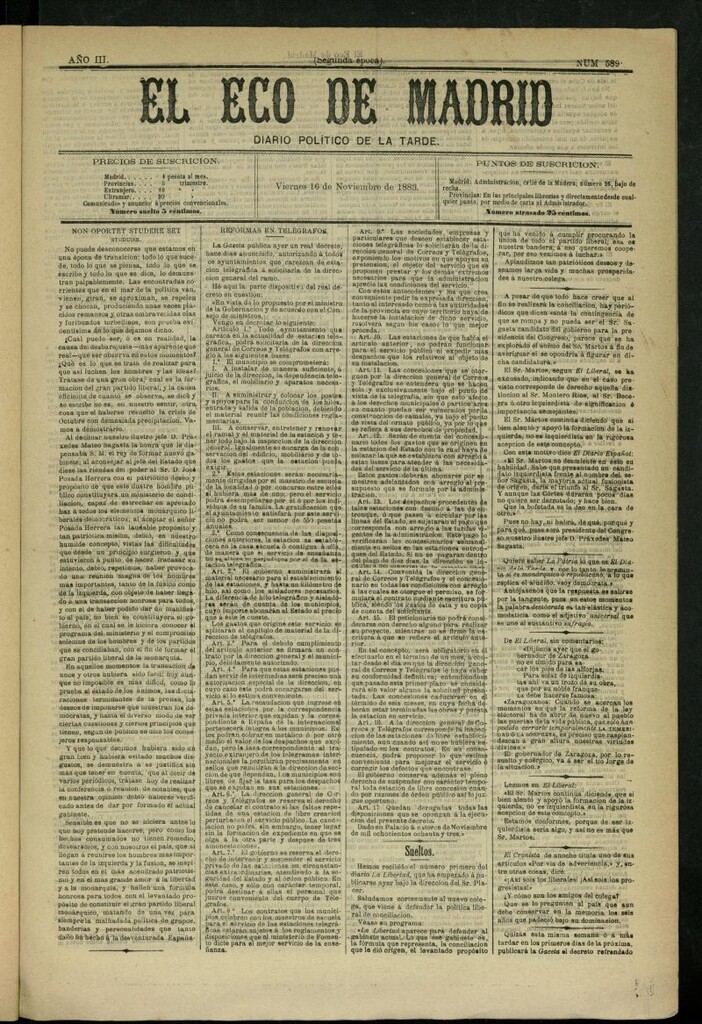 Miniatura de El Eco de Madrid : diario político de la tarde del 16 de noviembre de 1883, nº 589
