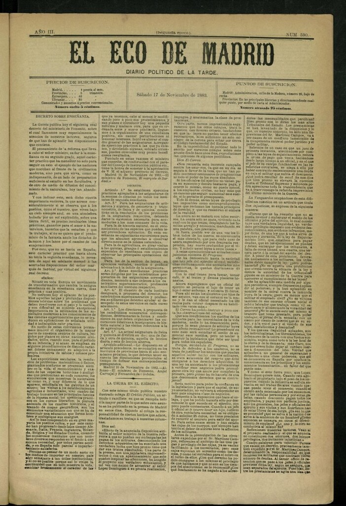 Miniatura de El Eco de Madrid : diario político de la tarde del 17 de noviembre de 1883, nº 590