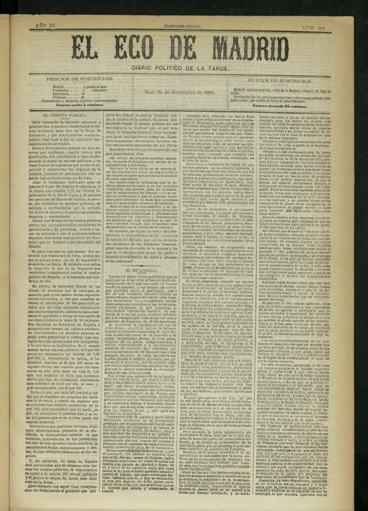 Miniatura de El Eco de Madrid : diario político de la tarde del 20 de noviembre de 1883, nº 591