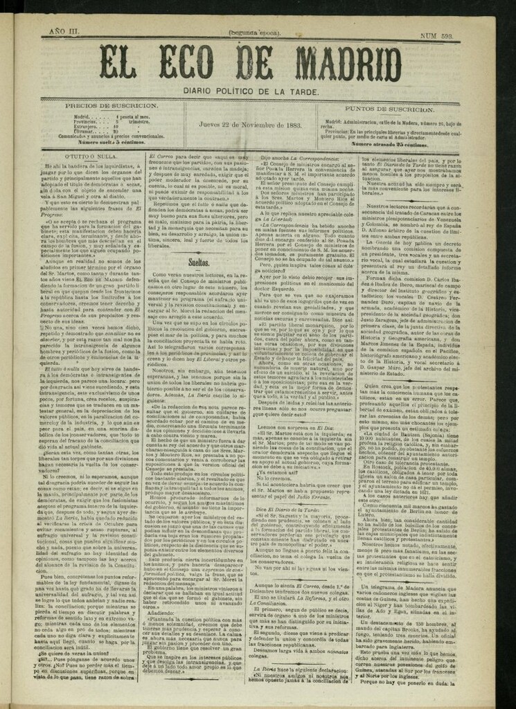 Miniatura de El Eco de Madrid : diario político de la tarde del 22 de noviembre de 1883, nº 593