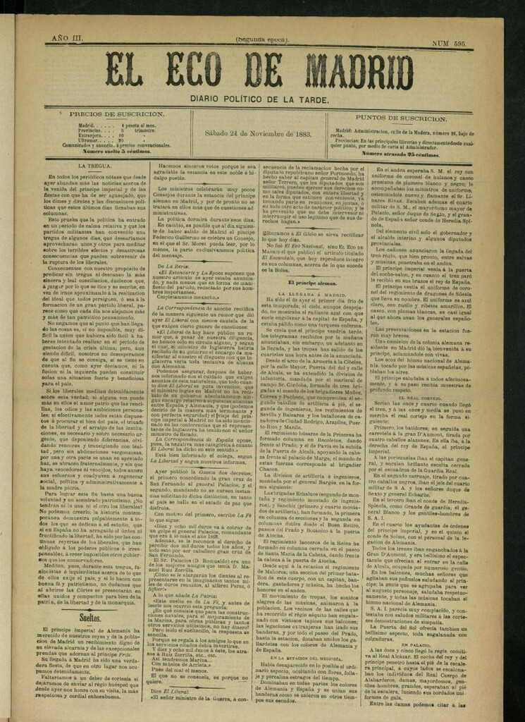 Miniatura de El Eco de Madrid : diario político de la tarde del 24 de noviembre de 1883, nº 595