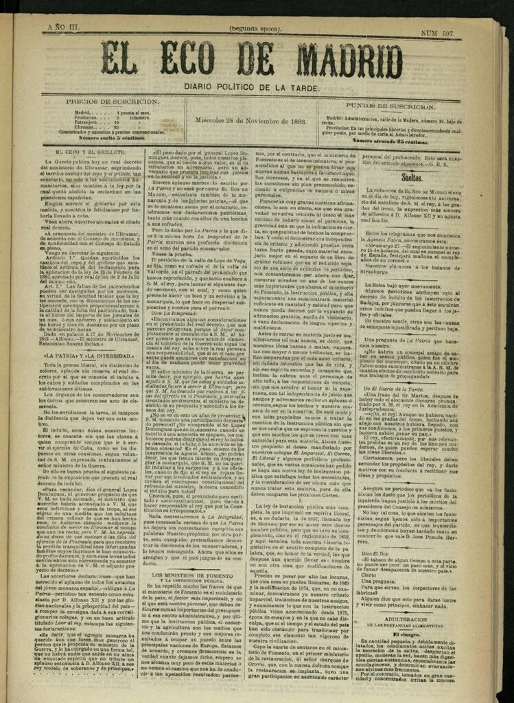 Miniatura de El Eco de Madrid : diario político de la tarde del 28 de noviembre de 1883, nº 597