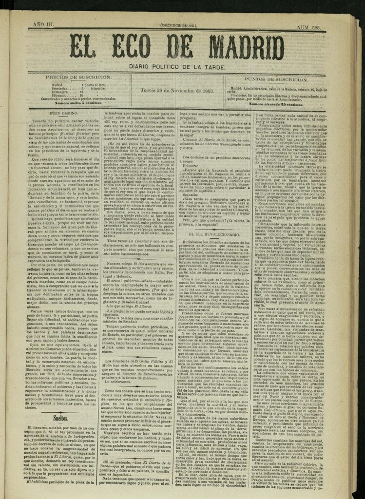 Miniatura de El Eco de Madrid : diario político de la tarde del 29 de noviembre de 1883, nº 598