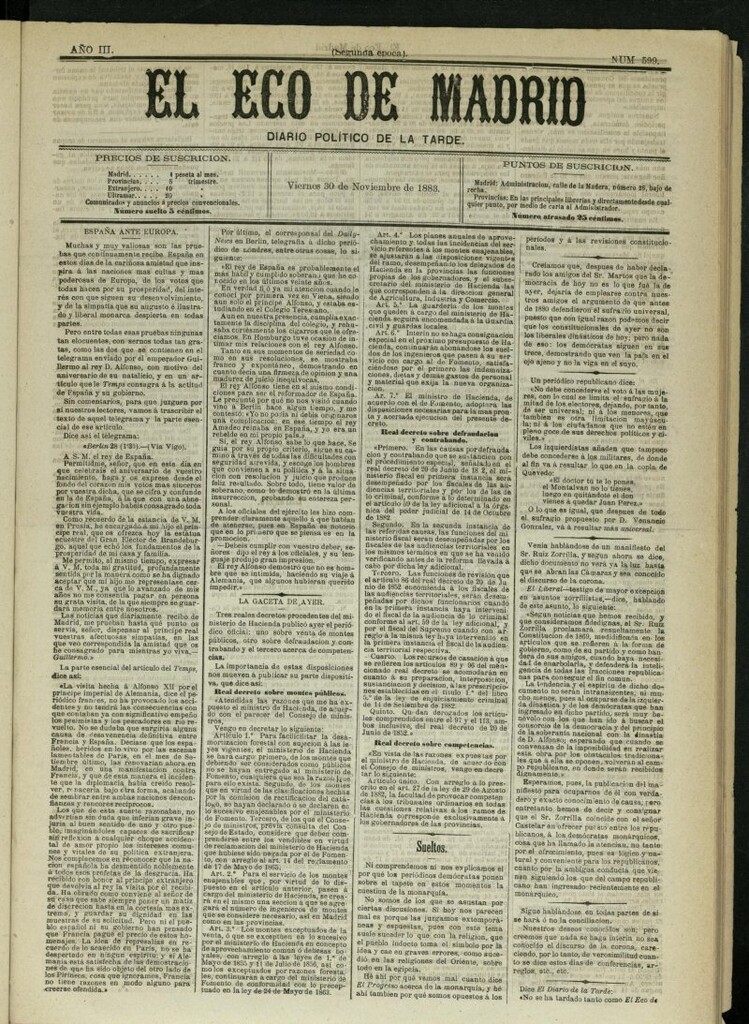Miniatura de El Eco de Madrid : diario político de la tarde del 30 de noviembre de 1883, nº 599