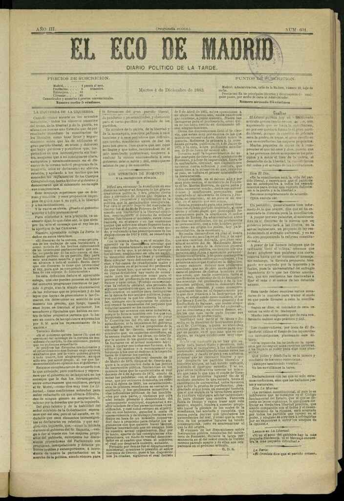 Miniatura de El Eco de Madrid : diario político de la tarde del 4 de diciembre de 1883, nº 601