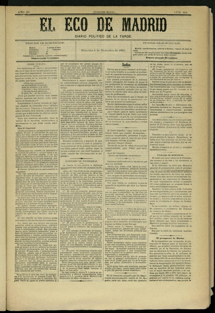 Miniatura de El Eco de Madrid : diario político de la tarde del 5 de diciembre de 1883, nº 602