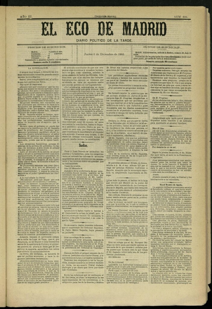 Miniatura de El Eco de Madrid : diario político de la tarde del 6 de diciembre de 1883, nº 603