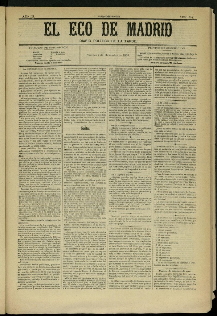 Miniatura de El Eco de Madrid : diario político de la tarde del 7 de diciembre de 1883, nº 604