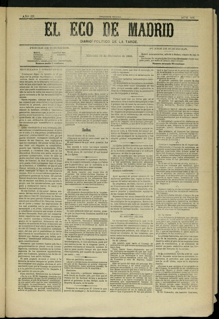 Miniatura de El Eco de Madrid : diario político de la tarde del 12 de diciembre de 1883, nº 606