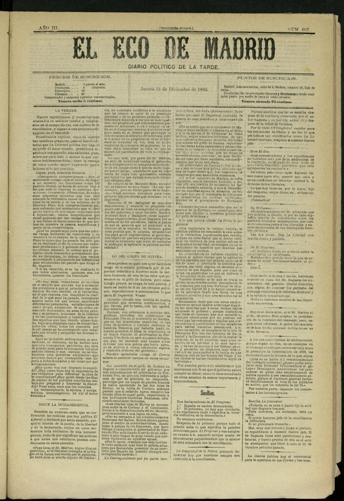Miniatura de El Eco de Madrid : diario político de la tarde del 13 de diciembre de 1883, nº 607