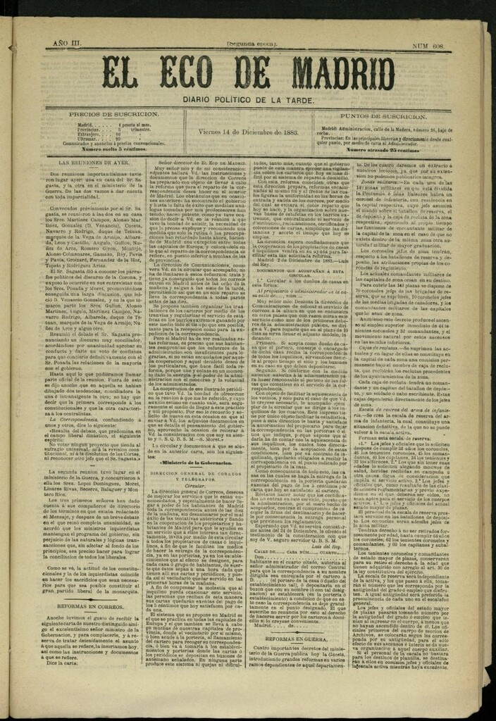 Miniatura de El Eco de Madrid : diario político de la tarde del 14 de diciembre de 1883, nº 608