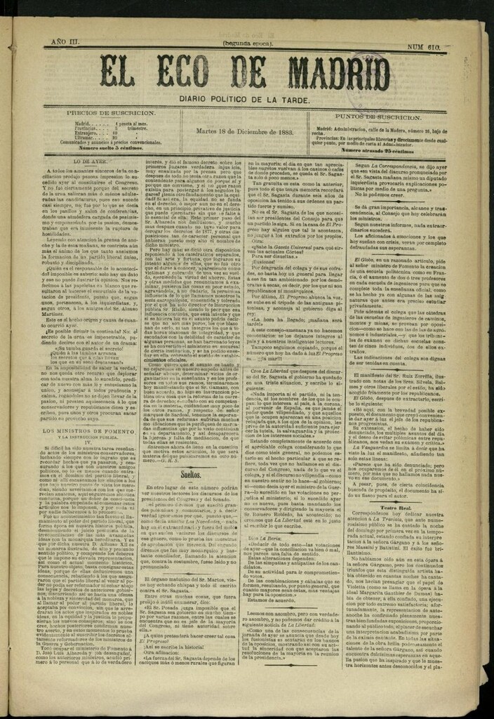Miniatura de El Eco de Madrid : diario político de la tarde del 18 de diciembre de 1883, nº 610