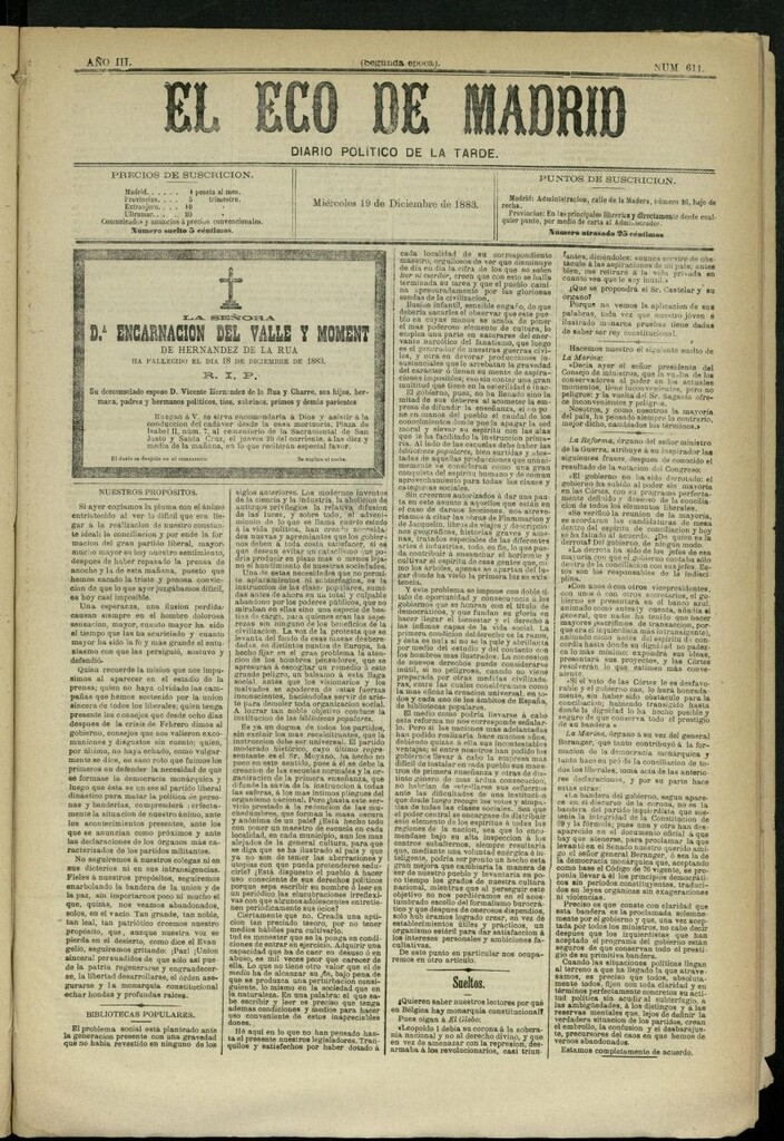 Miniatura de El Eco de Madrid : diario político de la tarde del 19 de diciembre de 1883, nº 611