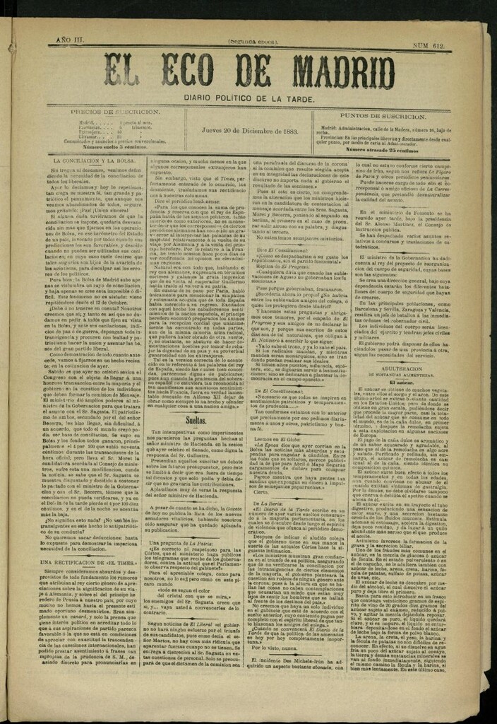 Miniatura de El Eco de Madrid : diario político de la tarde del 20 de diciembre de 1883, nº 612