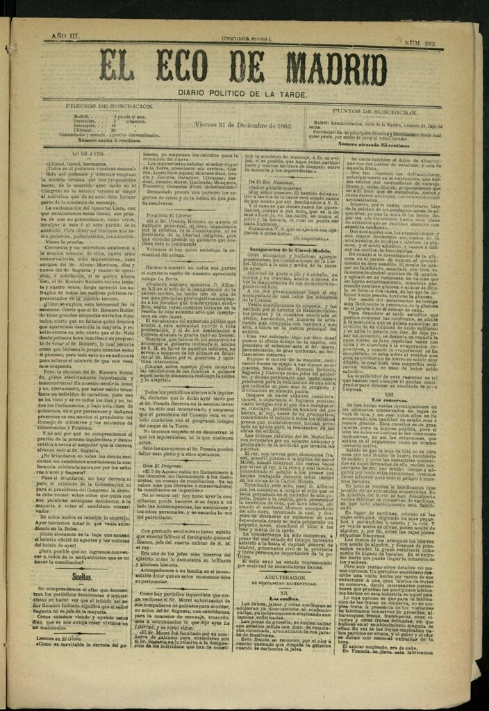 Miniatura de El Eco de Madrid : diario político de la tarde del 21 de diciembre de 1883, nº 262 [sic]