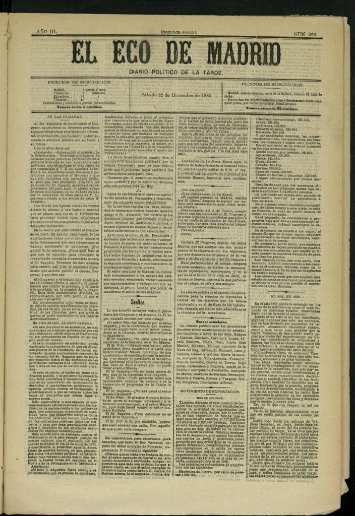 Miniatura de El Eco de Madrid : diario político de la tarde del 22 de diciembre de 1883, nº 263