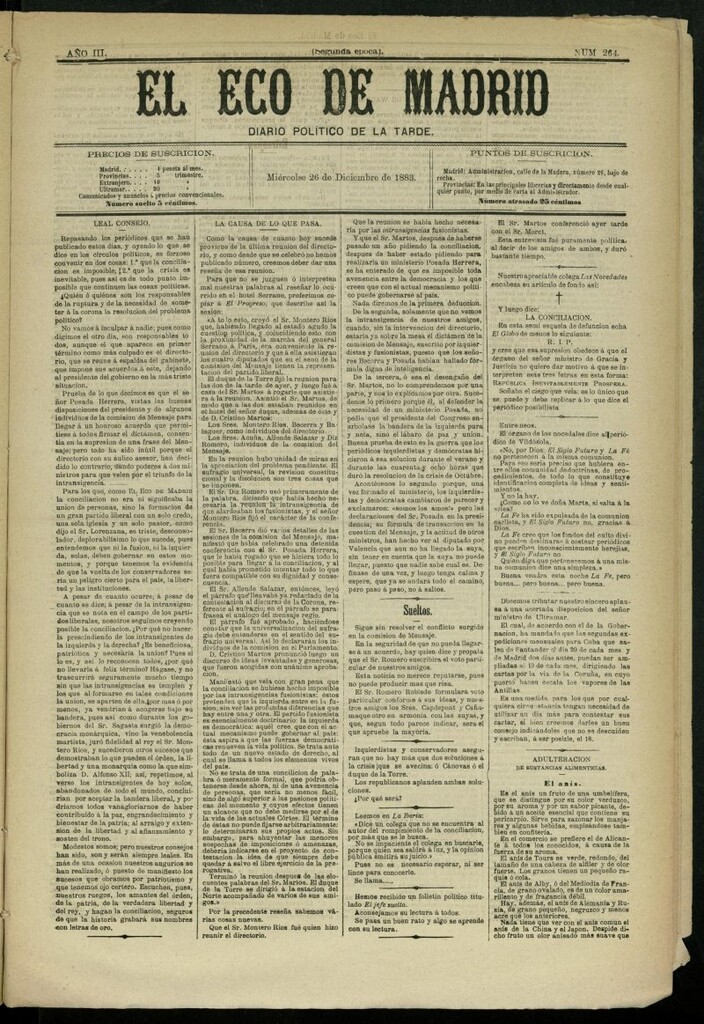 Miniatura de El Eco de Madrid : diario político de la tarde del 26 de diciembre de 1883, nº 264