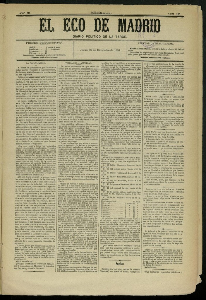 Miniatura de El Eco de Madrid : diario político de la tarde del 27 de diciembre de 1883, nº 265