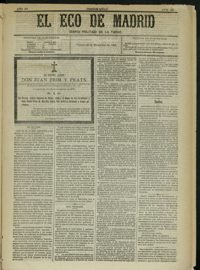 Miniatura de El Eco de Madrid : diario político de la tarde del 28 de diciembre de 1883, nº 266